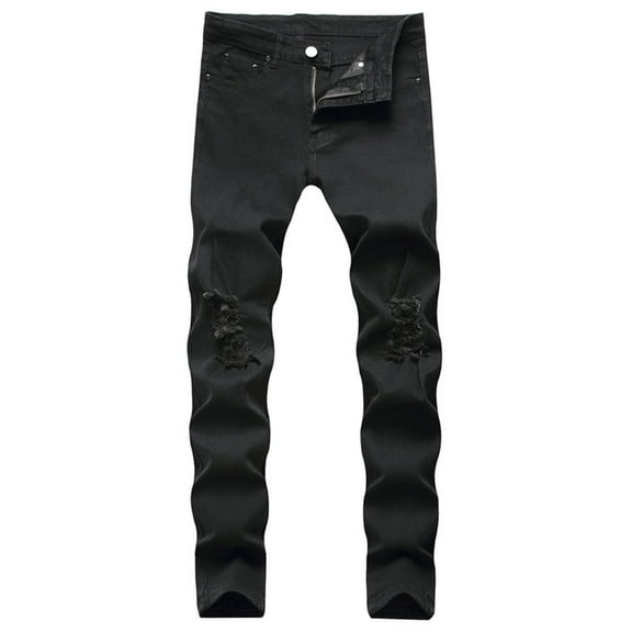 Mens Loose Fit Jeans Ripped Jeans Zipper Wash Elastic Trend Outdoors Trousers Jeans for Men Black L