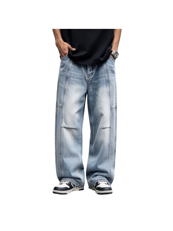 Mens Loose Fit Jeans Straight Leg Wide Leg Denim Pants Patchwork Long Trousers Relaxed Casual Streetwear Mens Wide Leg Jeans for Everyday Casual Wear Light Blue 3XL