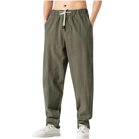Mens Loose Fit Linen Pants Casual Lightweight Drawstring Stretch Cotton Linen Pants for Men Summer Beach Size M-4XL Army Green
