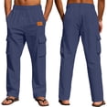 thumbnail image 1 of Mens Loose Fit Linen Pants - Summer Lightweight Elastic Drawstring Waist Casual Cargo Trousers with Pockets Blue M, 1 of 4