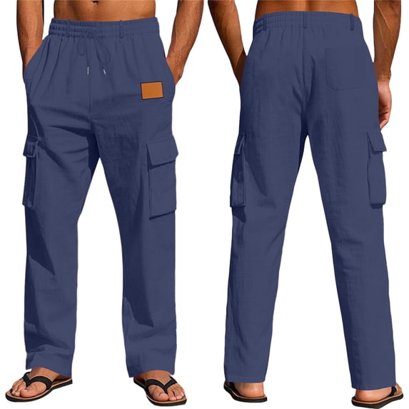 Mens Loose Fit Linen Pants - Summer Lightweight Elastic Drawstring Waist Casual Cargo Trousers with Pockets Blue M