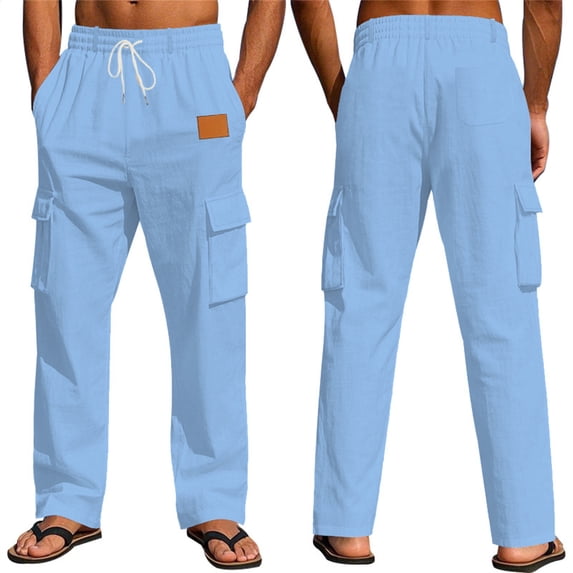 Mens Loose Fit Linen Pants - Summer Lightweight Elastic Drawstring Waist Casual Cargo Trousers with Pockets Blue S