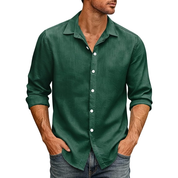 Mens Loose Fit Long Sleeve Shirt Casual Retro Button Down Top for Out Commute Breathable Lightweight Workwear Dark Green S