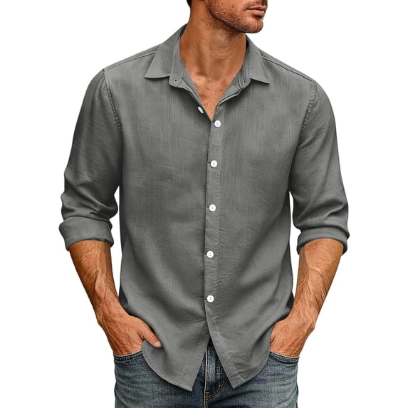 Mens Loose Fit Long Sleeve Shirt Casual Retro Button Down Top for Out Commute Breathable Lightweight Workwear Gray 2XL