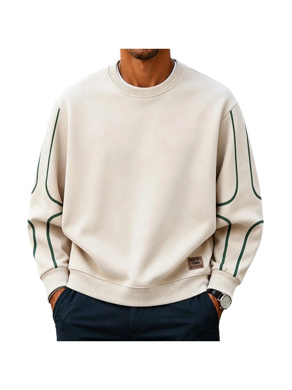 Mens Loose Fit Sweatshirt Pullover Crewneck Long Sleeve Fleece Casual Curved Line Fall Tops