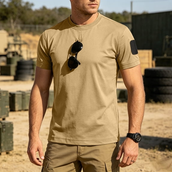Mens Loose Fit Tactical T-Shirts Crew Neck Quick Dry Polyester Hook Loop Patch Breathable Short Sleeve Outdoor, Khaki, L