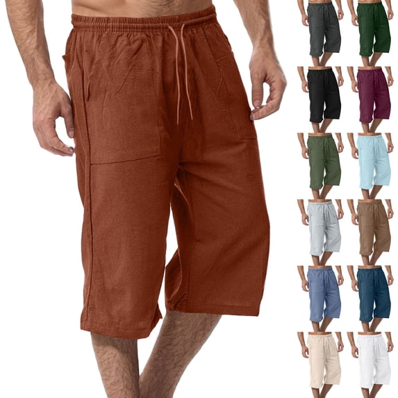 Mens Loose Lightweight Linen 3/4 Capri Pants Drawstring Knee Length Shorts Summer Golf Work Comfort Sweatpants Beach Workout Lounge Trousers With Pockets Gray 2XL