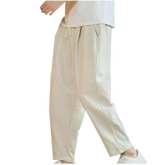 ZQUUVOU Mens Loose Pants Solid Color Pockets Cotton Elastic Waist Sports Pants Straight Leg Pants Beige