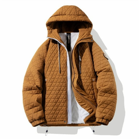 Mens Loose Simple Small Plaid Lightweight Thick Warm Hooded Jacket