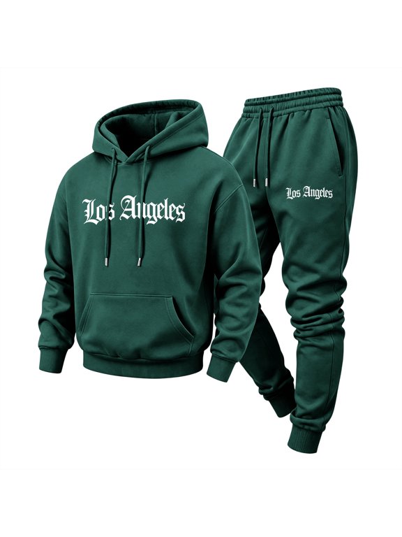 Mens Los Angeles Graphic Hoodie Sweatsuit 2 Piece Tracksuit Set Casual Athletic Hooded Sweatshirt & Tapered Jogger Pants Suit