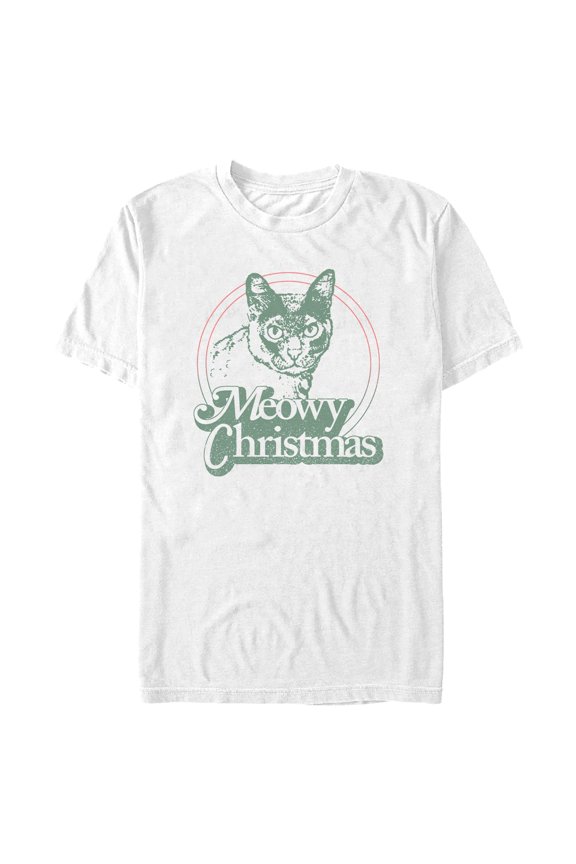 Mens Lost Gods Meowy Christmas Cat Badge T Shirt