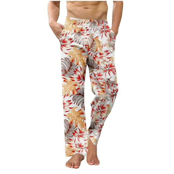 Mens Lounge Linen Pants Casual Wide Leg Pull-On Pants with Pockets Trendy Floral Plaid Trousers Home Wear M, Beige