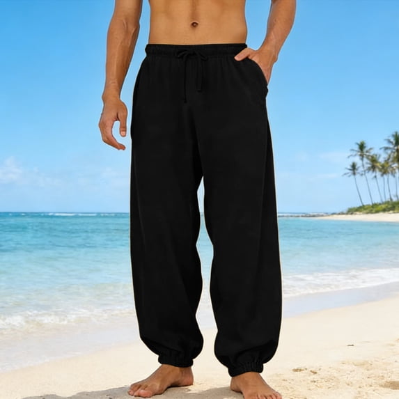 Mens Lounge Pants Lightweight Drawstring Elastic Waist Baggy Joggers Summer Comfort Everyday Travel Beach Linen Pants