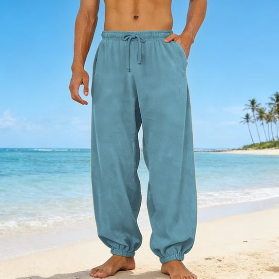 Mens Lounge Pants Lightweight Drawstring Elastic Waist Baggy Joggers Summer Comfort Everyday Travel Beach Linen Pants