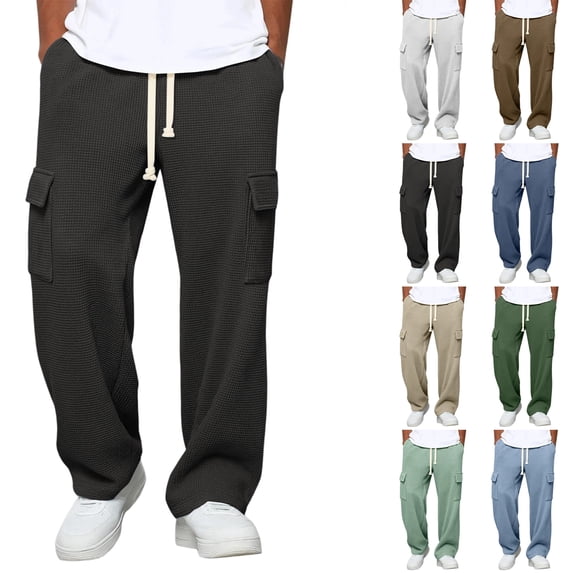 Mens Lounge Pants Waffle Knit Textured Casual Pants Elastic Waist Multi Pocket Wide Leg Soft Pajama Pant, #02 Black XL