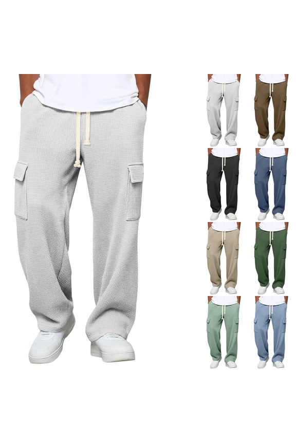 Mens Lounge Pants Waffle Knit Textured Casual Pants Elastic Waist Multi Pocket Wide Leg Soft Pajama Pant, #02 White M