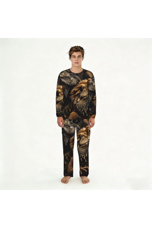 Mens Lounge Sets 2 Piece Pajamas Outfits Long Sleeve Casual Sweatsuits, Cool Bearded Dragon Lizards