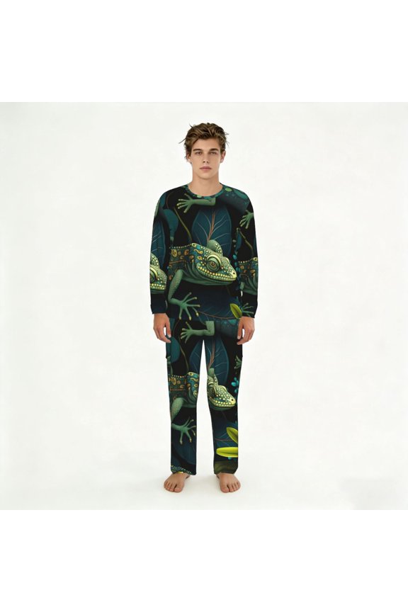 Mens Lounge Sets 2 Piece Pajamas Outfits Long Sleeve Casual Sweatsuits, Lizards Lizard Art Green