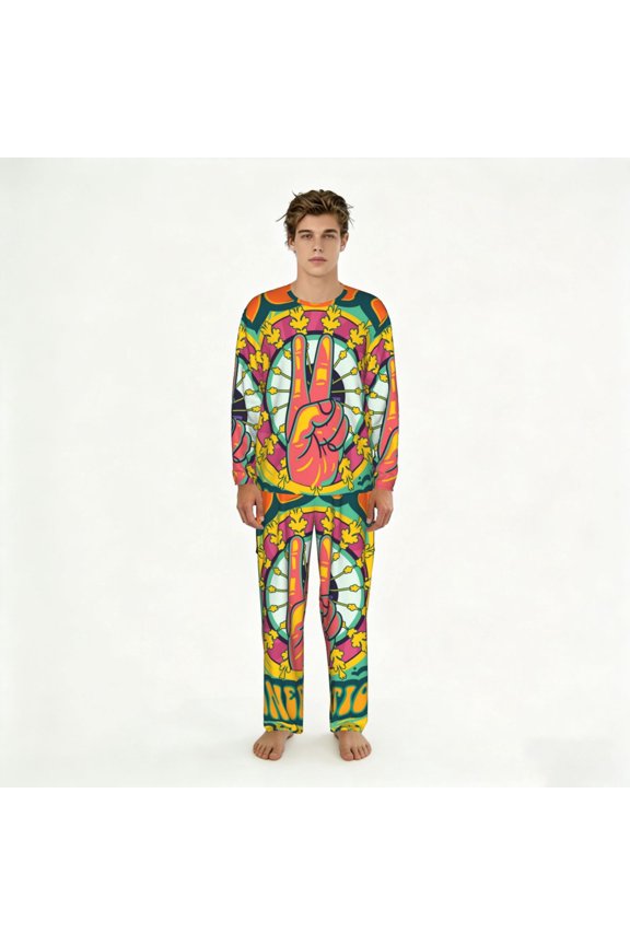 Mens Lounge Sets 2 Piece Pajamas Outfits Long Sleeve Casual Sweatsuits, Psychedelic Love Generation Hippie