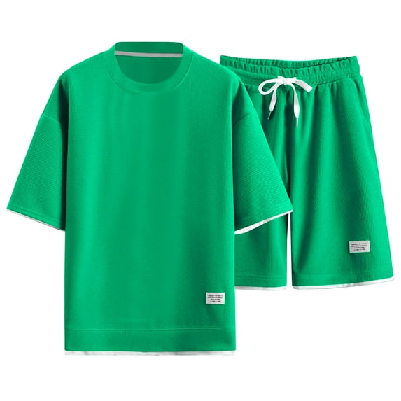 Mens Lounge Sets Casual Summer Short Sleeve Leisure Sports Suit Loose Shirt Shorts Suit Two Piece Green Nightwear L