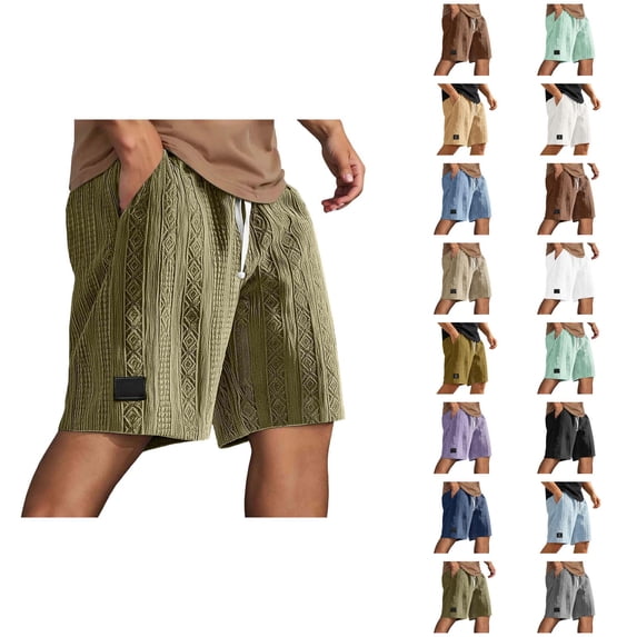 Mens Lounge Shorts Summer Elastic Waist Textured Relaxed Fit Straight Leg Knee Length Casual Shorts with Pockets