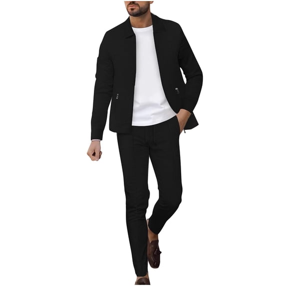 Mens Loungewear Sets Button Front Collared Cardigan and Cuffed Jogger Set Long Sleeve Athletic Top with Pockets Two Piece Casual Suit