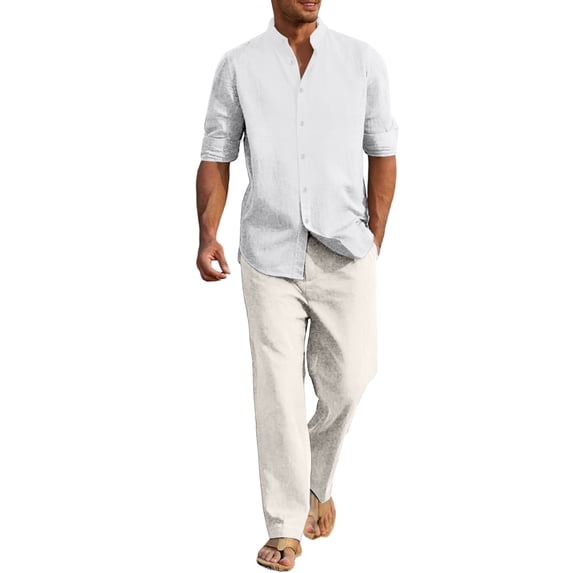 Mens Loungewear Sets Men's Long Sleeve Button Shirt and Full Length Pants Solid Color Breathable Linen Two Piece Set for Home Yoga Casual Wear Outdoor Beach Lightweight White XXL