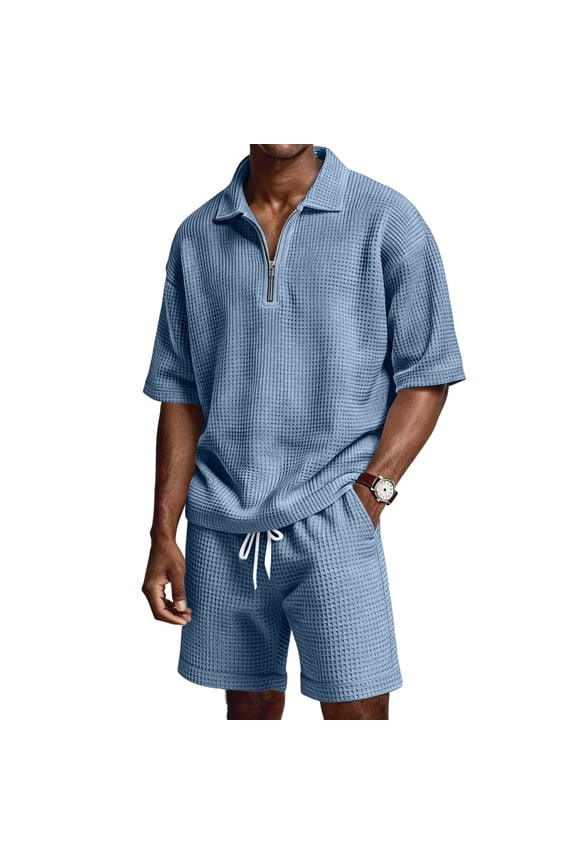 Mens Loungewear Sets Quarter Zip Waffle Shirt & Loose Shorts Vacation Outfits Summer Jacquard Tracksuit Jogging Matching Sets