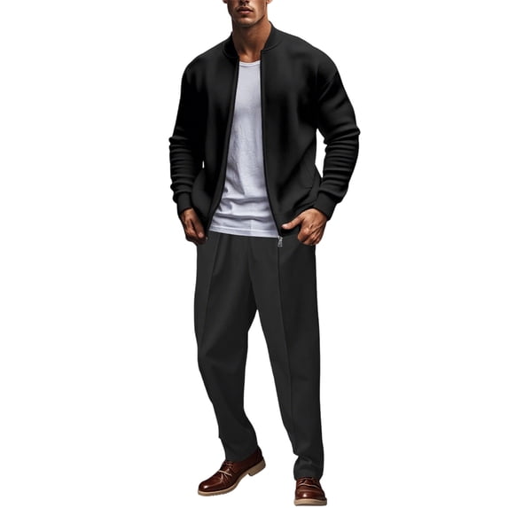 Mens Loungewear Sets Solid Stand Collar Zip Up Long Sleeve Shirt and Drawstring Pants Set Casual Two Piece Tracksuit