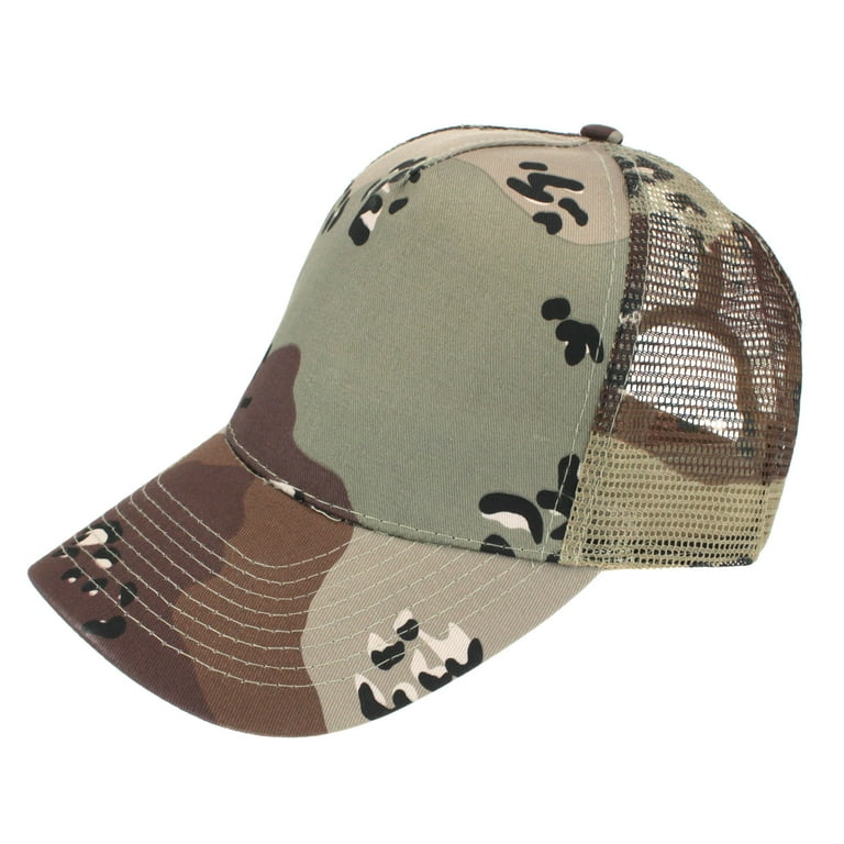Mens Low Crown 5 Panel Camouflage Twill Mesh Trucker Hat Desert