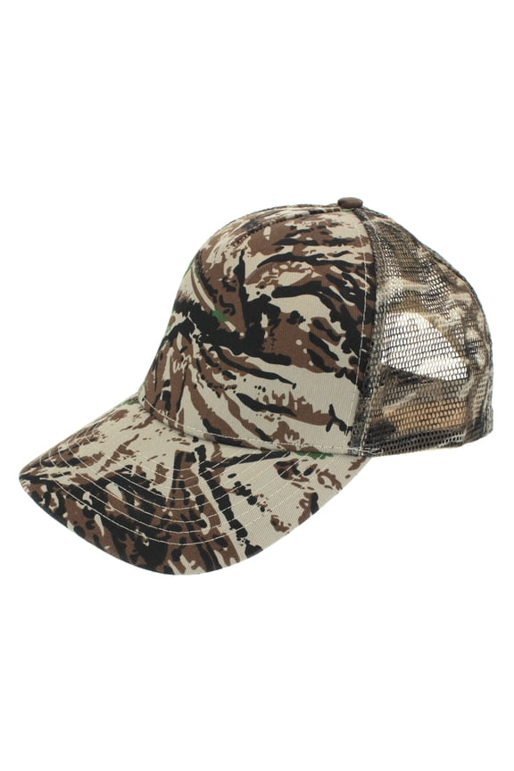 Mens Low Crown 5 Panel Camouflage Twill Mesh Trucker Hat Green Tree Camo