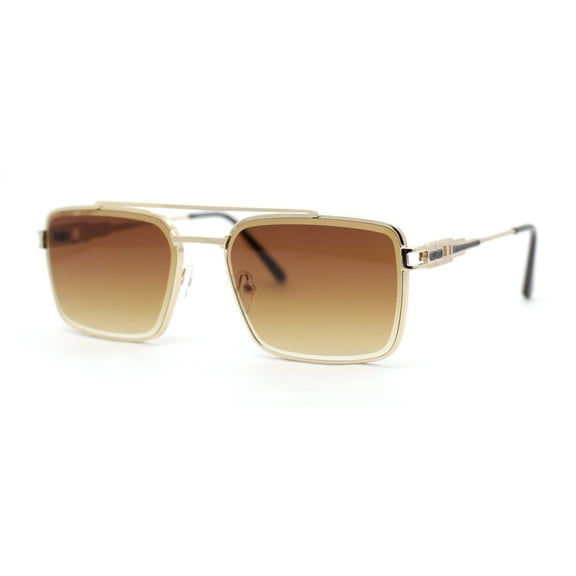 Mens Luxury Beveled Lens Rectangular Mobster Mafia Metal Rim Sunglasses Gold - Brown
