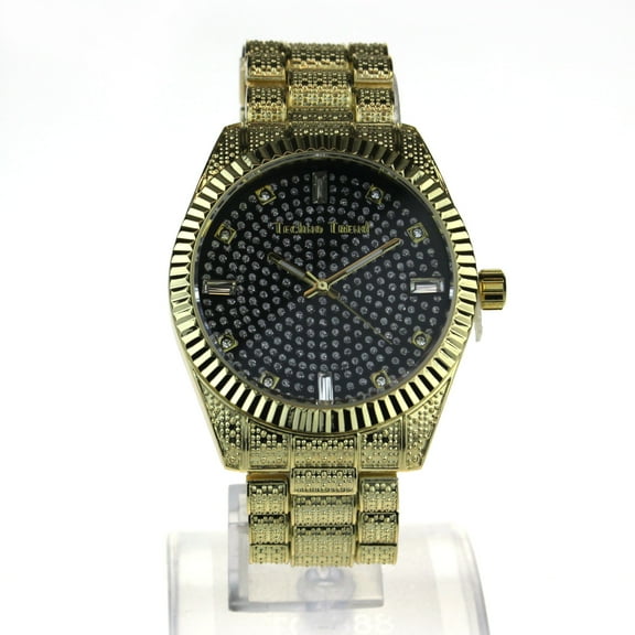 Mens Luxury Bling Iced Classic Round Analog Metal Band Wrist Watch Gold Black