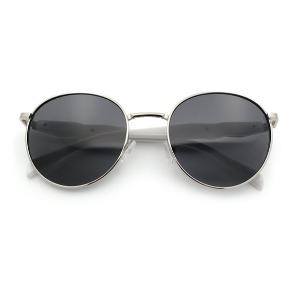 Mens Luxury Classic Round Metal Rim Hustler Fashion Sunglasses Silver White - Black