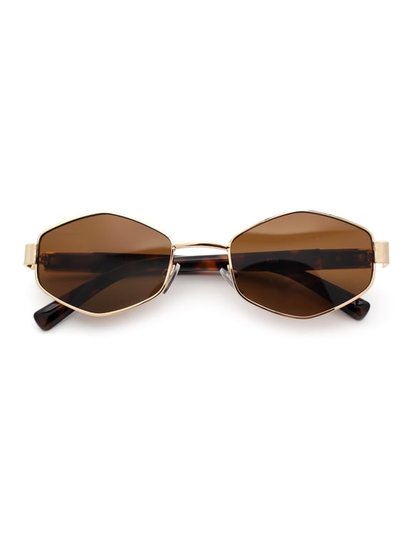 Mens Luxury Diamond Shape Metal Rim Hustler Fashion Rectangle Sunglasses Gold Tortoise - Brown