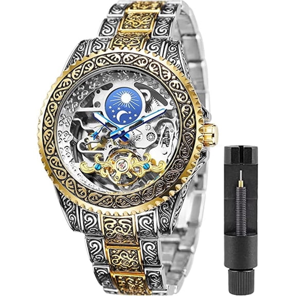 Mens Luxury Engraving Wrist Watches Unique Tattoo Pattern Carved Stainless Steel Band Luminous Automatic Skeleton Watch