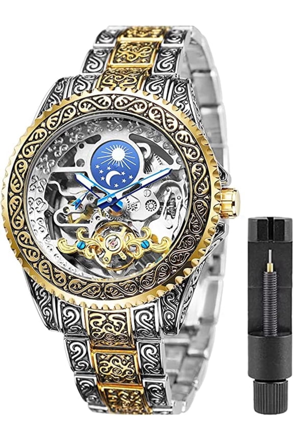 Mens Luxury Engraving Wrist Watches Unique Tattoo Pattern Carved Stainless Steel Band Luminous Automatic Skeleton Watch
