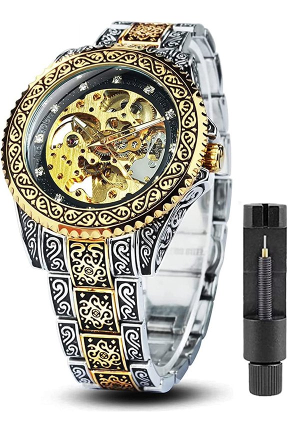 Mens Luxury Engraving Wrist Watches Unique Tattoo Pattern Carved Stainless Steel Band Luminous Automatic Skeleton Watch