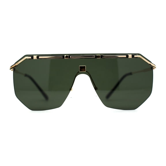 Mens Luxury Flat Top Shield Robotic Mob Metal Rim Sunglasses Gold Green