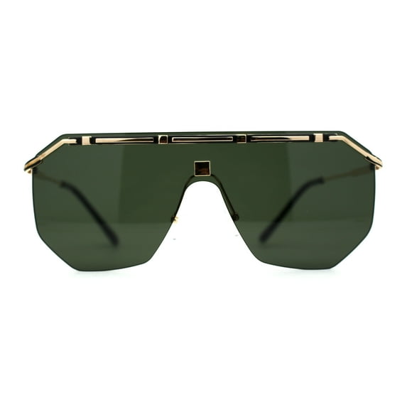 Mens Luxury Flat Top Shield Robotic Mob Metal Rim Sunglasses Gold Green