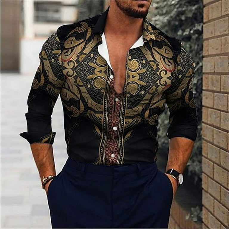 Mens Luxury Gold Black Shirt Chain Print Baroque Casual Short Sleeve Button  Down Dress Shirts