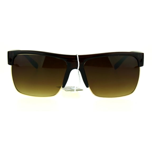 Mens Luxury Half Horn Rim Rectangular Designer Minimal Sunglasses Brown Smoke