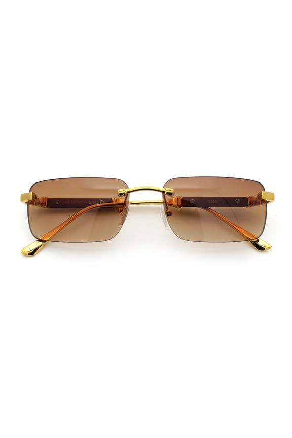 Mens Luxury Hip Hop Rapper Beveled Rimless Narrow Rectangle Sunglasses Gold - Brown