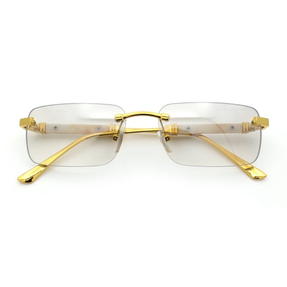 Mens Luxury Hip Hop Rapper Beveled Rimless Narrow Rectangle Sunglasses Gold - Clear Mirror