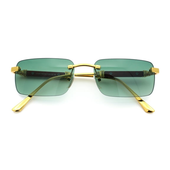 Mens Luxury Hip Hop Rapper Beveled Rimless Narrow Rectangle Sunglasses Gold - Green