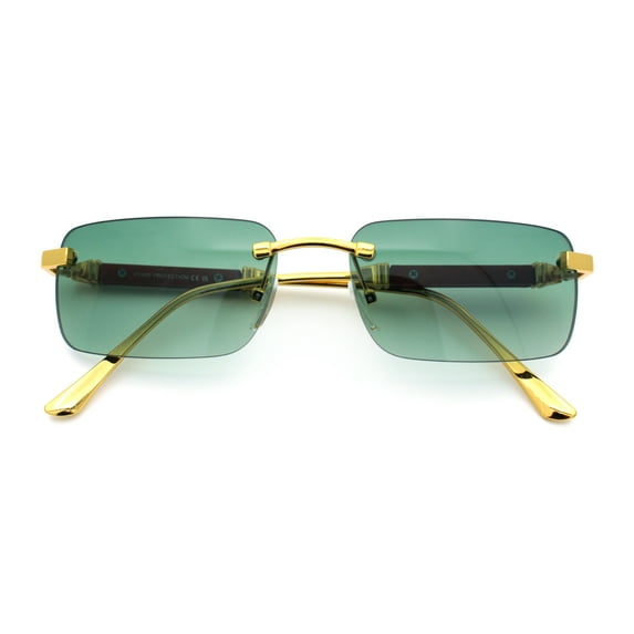 Mens Luxury Hip Hop Rapper Beveled Rimless Narrow Rectangle Sunglasses Gold - Green
