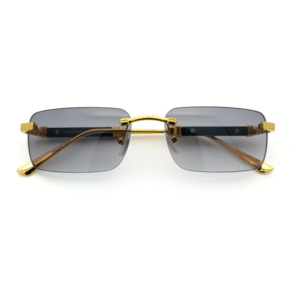 Mens Luxury Hip Hop Rapper Beveled Rimless Narrow Rectangle Sunglasses Gold - Smoke