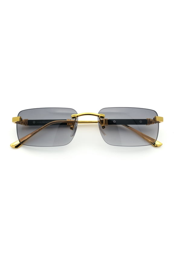 Mens Luxury Hip Hop Rapper Beveled Rimless Narrow Rectangle Sunglasses Gold - Smoke