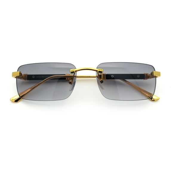 Mens Luxury Hip Hop Rapper Beveled Rimless Narrow Rectangle Sunglasses Gold - Smoke
