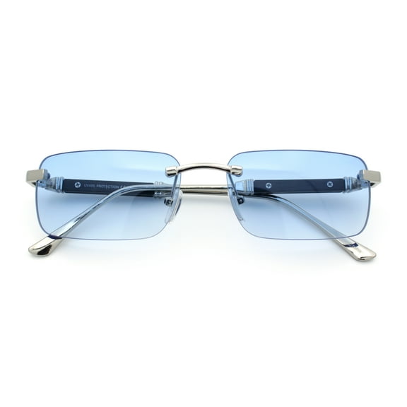 Mens Luxury Hip Hop Rapper Beveled Rimless Narrow Rectangle Sunglasses Silver - Blue